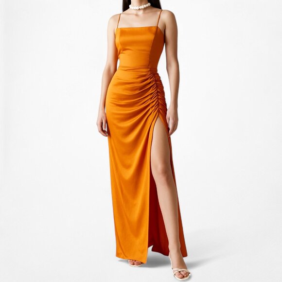 Zara Dresses & Skirts - Zara Orange Ruched Pleated Side Slit Maxi Bodycon Linen Dress Size XS/S
